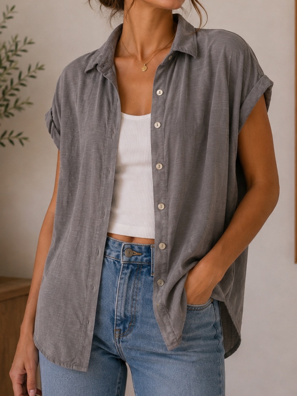 Green Envelope Gray Short-Sleeve Button-Down Shirt